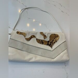 Vintage 80’s Woman’s White Genuine Leather Reptile Embossed Handbag 15” x 9”
